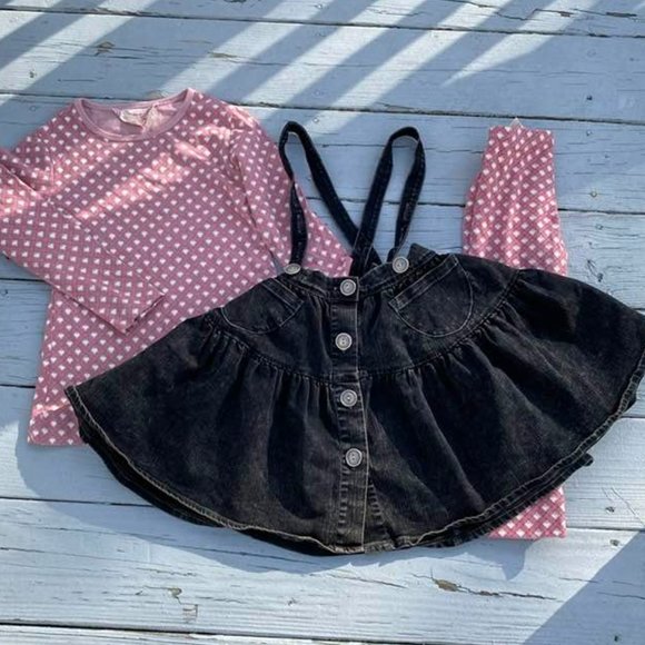 💘 Paper Wings HEART Tee, Denim Jumper Skirt Leggings 3pc Set Valentine's Day 💘 - Picture 1 of 2